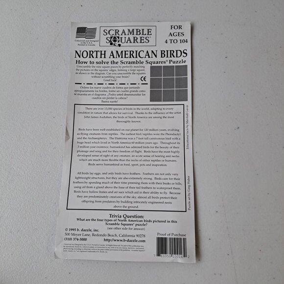 Scramble Squares Puzzle North American Birds 9 Pcs Ages 4+ Brain Teaser 12x12" - Picture 3 of 4